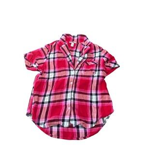 Victoria's Secret Size Small Short Sleeve‎ Button Up Pajama Top Red Pink Plaid
